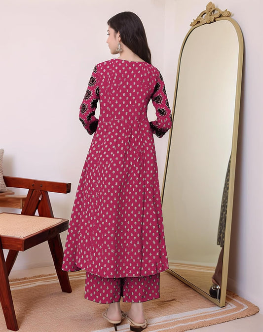 ANNI DESIGNER Women's Anarkali Kurta Set with Dupatta | Pure Cotton Suit Set for Women | Ajrakh Print Kurta Palazzo Dupatta Set | 3 Piece Ethnic Wear for Festival & Party