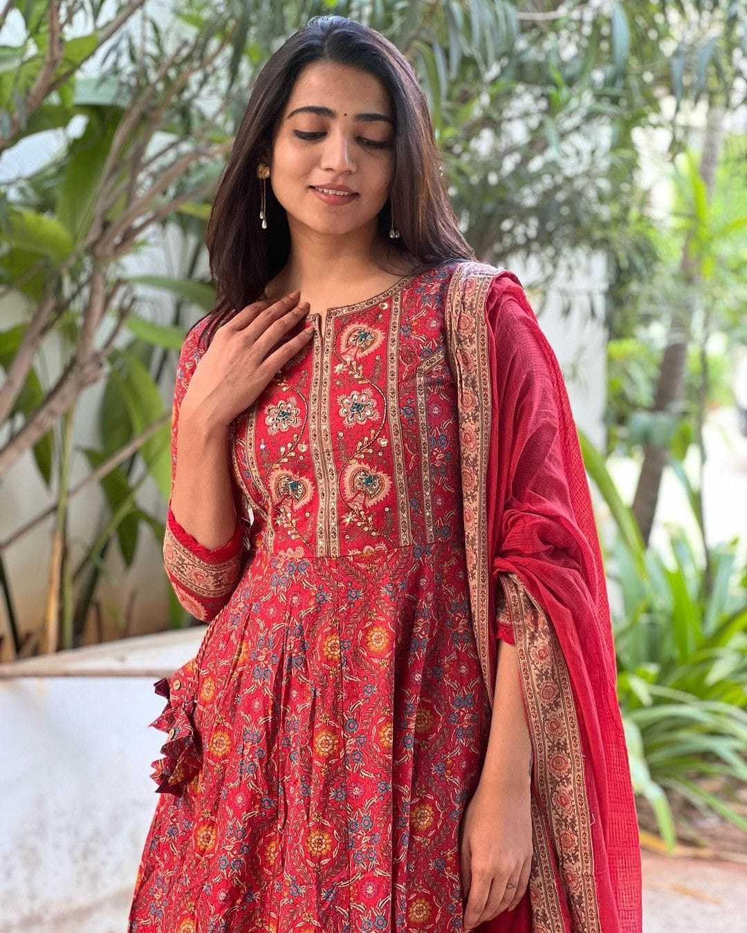 RUBBY Kart Women's Cotton Anarkali Embroidery Designer Long Anarkali Kurti with Pant and Dupatta Set (Red-XL) FBA