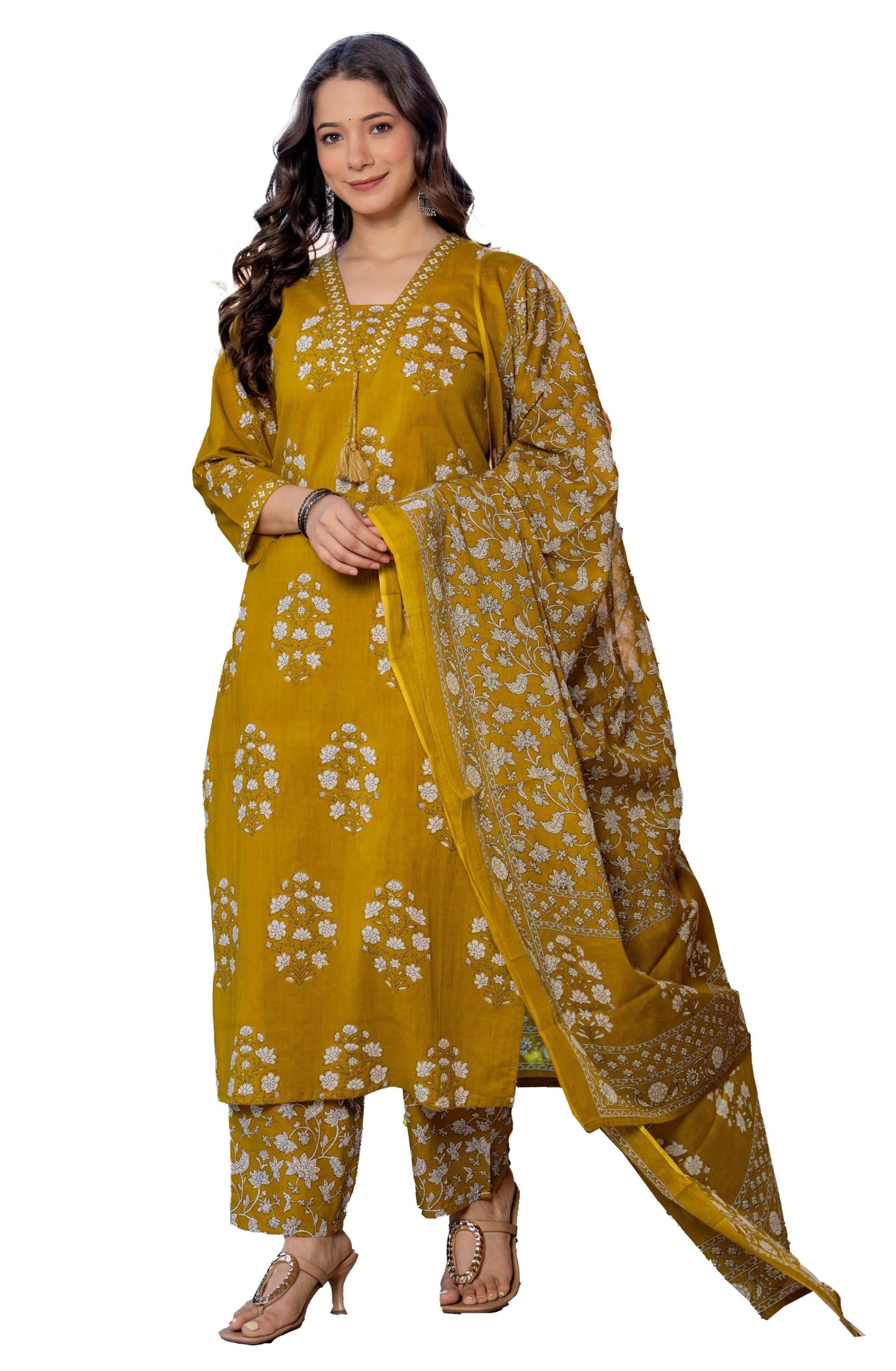 PARTHVI Women's Pure Cotton Printed Straight Kurta Set with Palazzo Pants & Dupatta- Ethnic Wear, Green