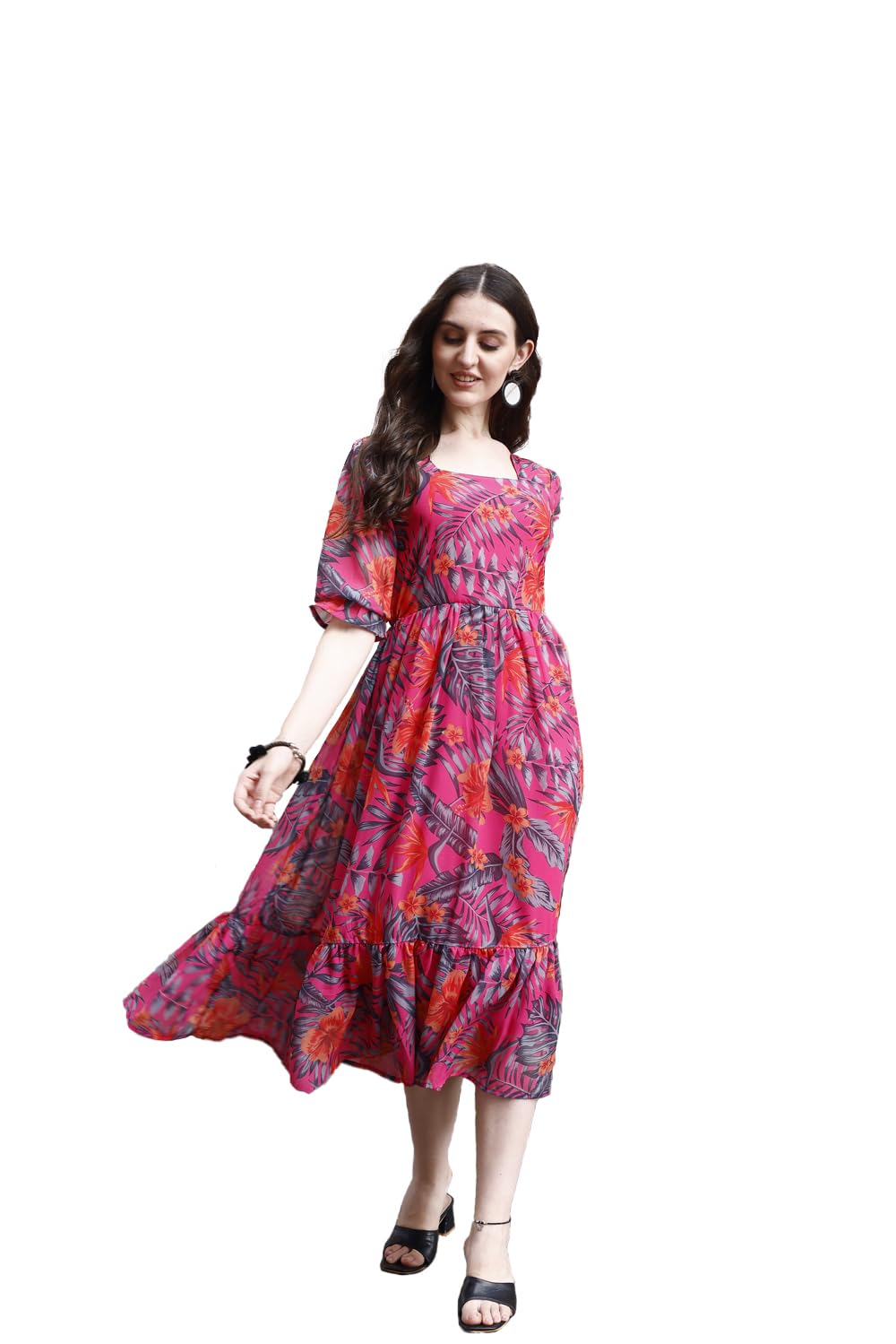 SMOWKLY Women's Georgette Floral Printed Indo-Western Ethnic Gown || Half Sleeve V Neck Fit & Flare Flared Hem Design || A-Line Maxi Dress Casual Wear