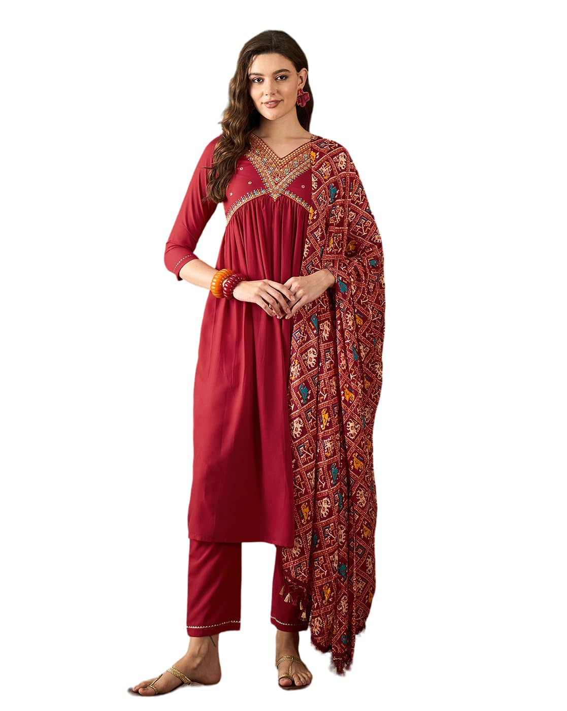 SheWill Women's Mustard American Crepe Zari Sequence Embroidered Alia Cut Kurta with Pant and Dupatta