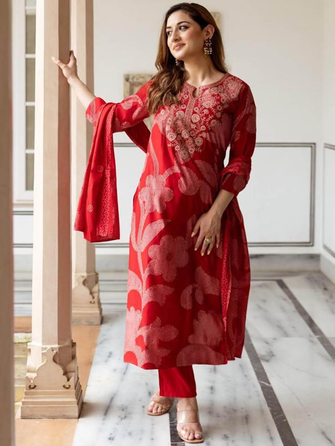 ANNI Designer Bandhani Embroidery Kurta Plazzo Set with Dupatta – Women Kurta Sets for Women | Kurti Set for Women | Suit Set for Women Cotton