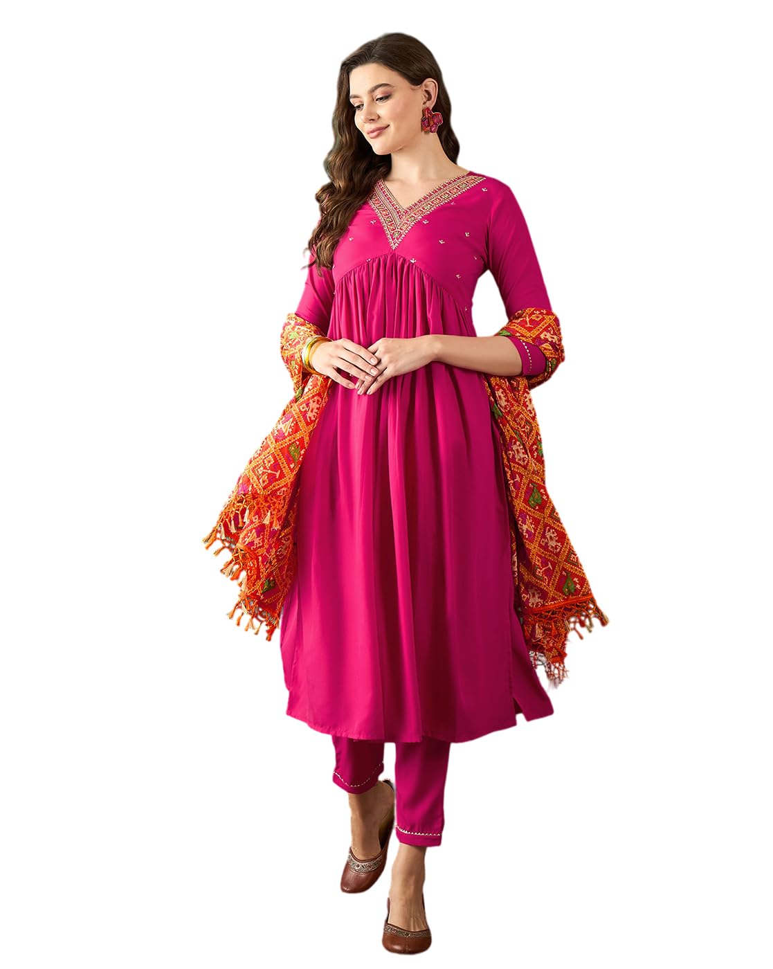 SheWill Women's Mustard American Crepe Zari Sequence Embroidered Alia Cut Kurta with Pant and Dupatta