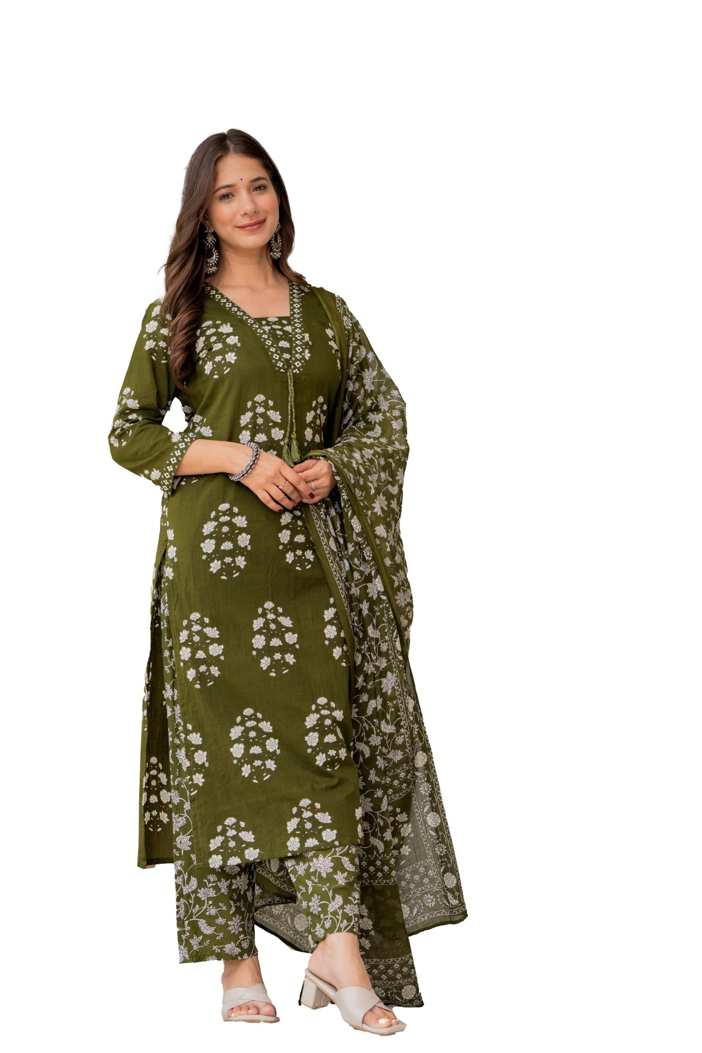 PARTHVI Women's Pure Cotton Printed Straight Kurta Set with Palazzo Pants & Dupatta- Ethnic Wear, Green
