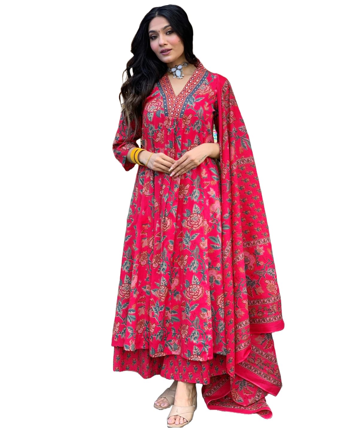 GoSriKi Women's Rayon Viscose Anarkali Printed Kurta with Palazzo & Dupatta