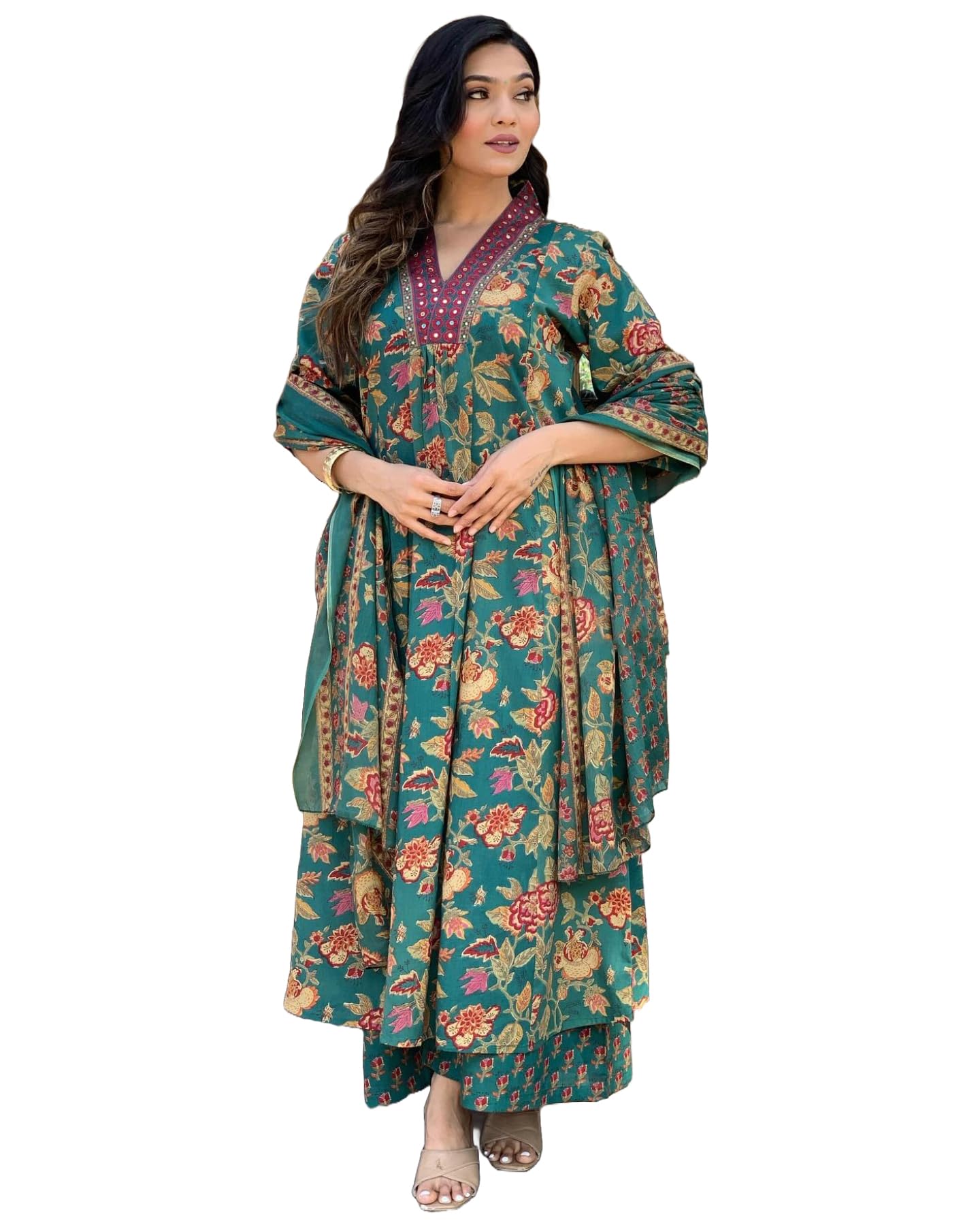 GoSriKi Women's Rayon Viscose Anarkali Printed Kurta with Palazzo & Dupatta