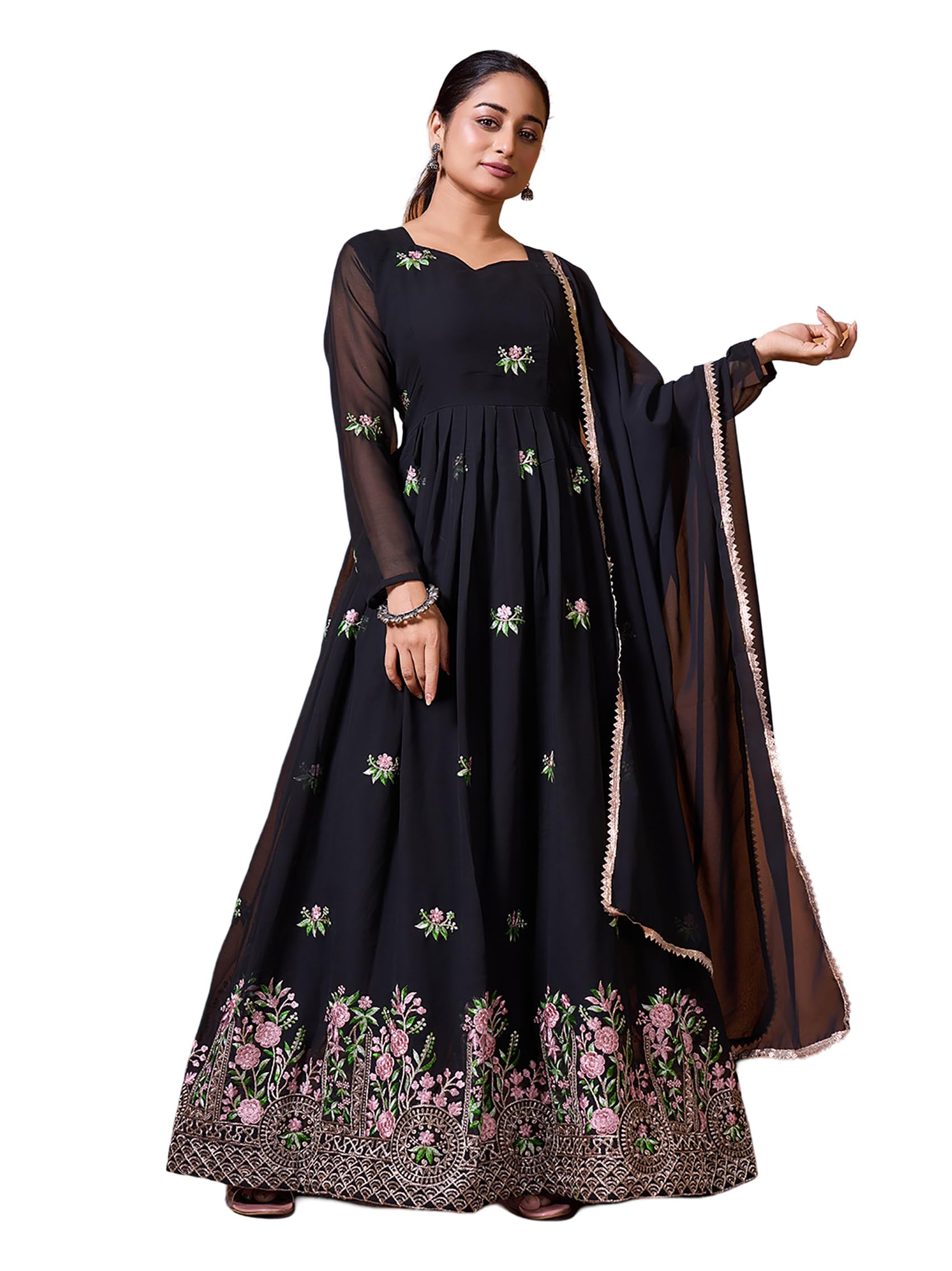 KEDARFAB Women's Georgette Embroidered Anarkali Kurta & Dupatta Set