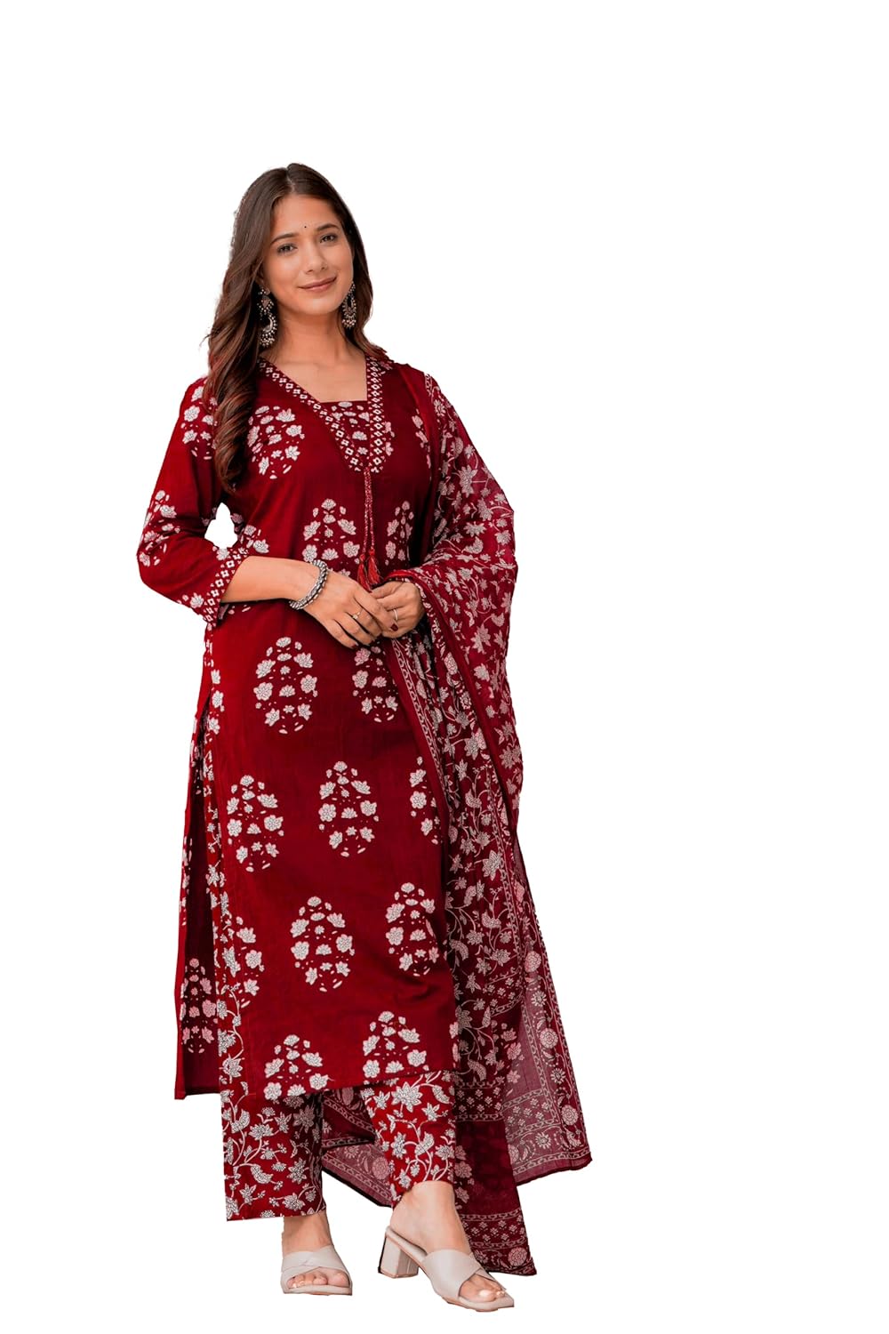 PARTHVI Women's Pure Cotton Printed Straight Kurta Set with Palazzo Pants & Dupatta- Ethnic Wear, Green