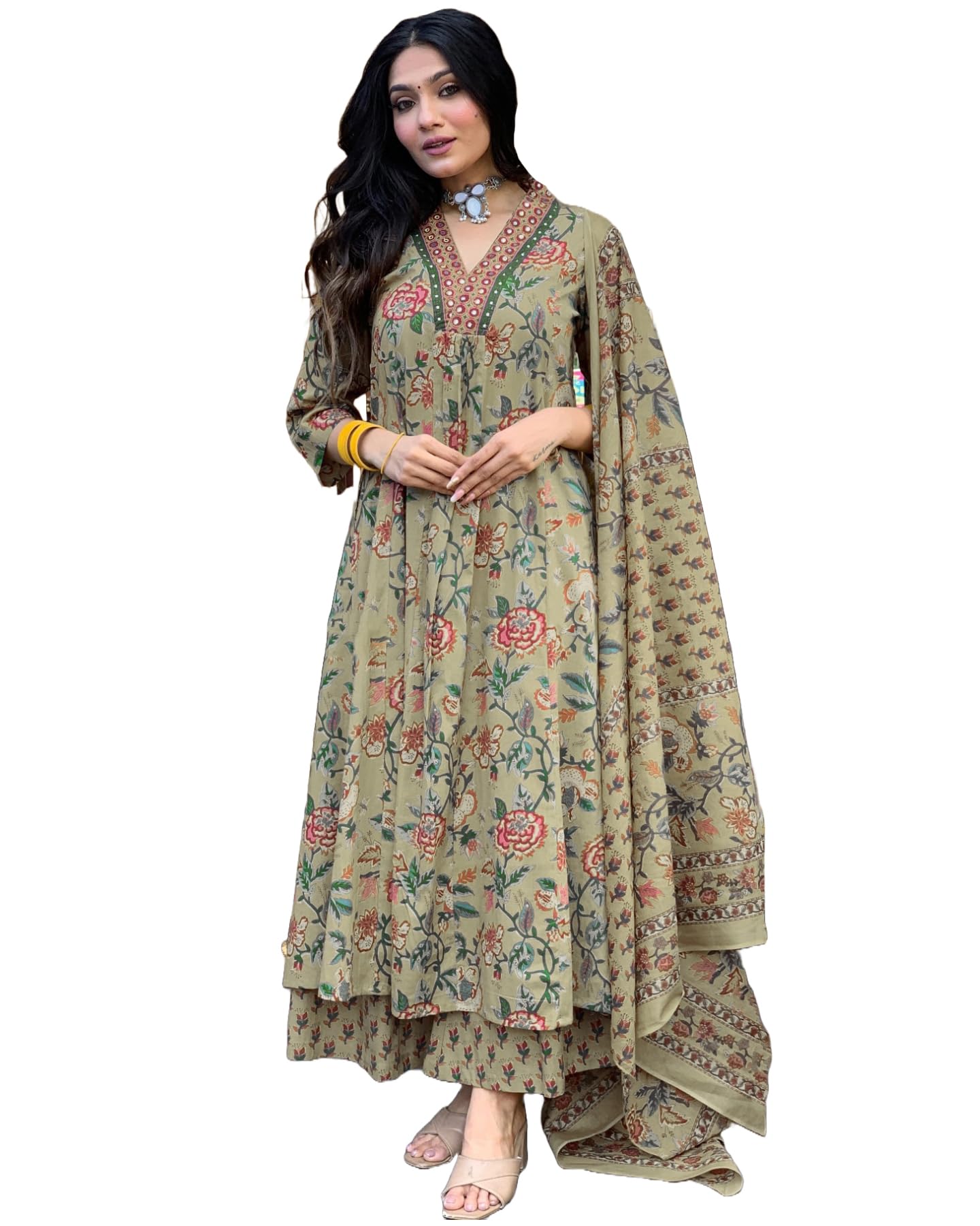 GoSriKi Women's Rayon Viscose Anarkali Printed Kurta with Palazzo & Dupatta