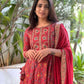 RUBBY Kart Women's Cotton Anarkali Embroidery Designer Long Anarkali Kurti with Pant and Dupatta Set (Red-XL) FBA