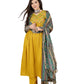 SheWill Women's Mustard American Crepe Zari Sequence Embroidered Alia Cut Kurta with Pant and Dupatta