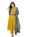 SheWill Women's Mustard American Crepe Zari Sequence Embroidered Alia Cut Kurta with Pant and Dupatta