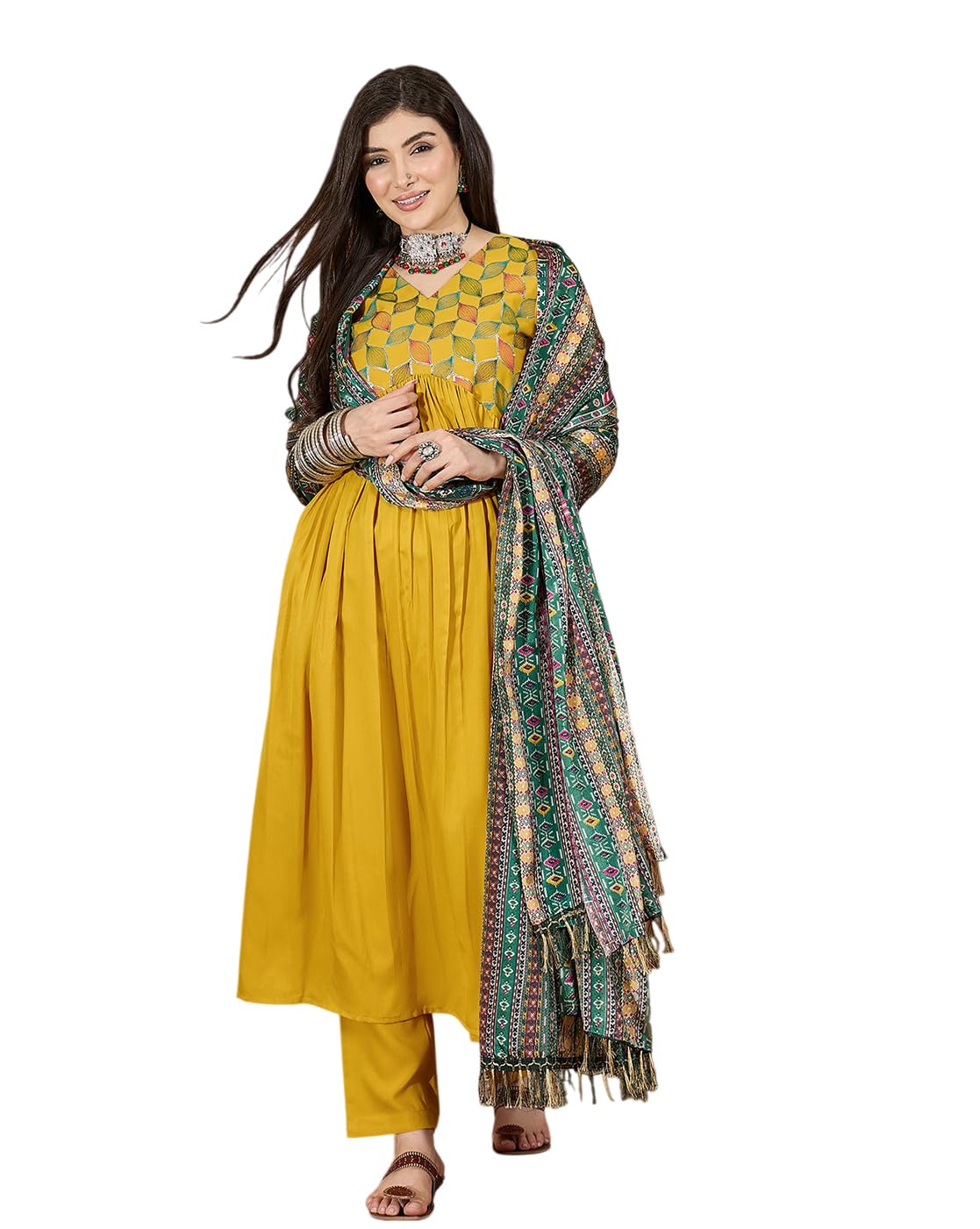 SheWill Women's Mustard American Crepe Zari Sequence Embroidered Alia Cut Kurta with Pant and Dupatta