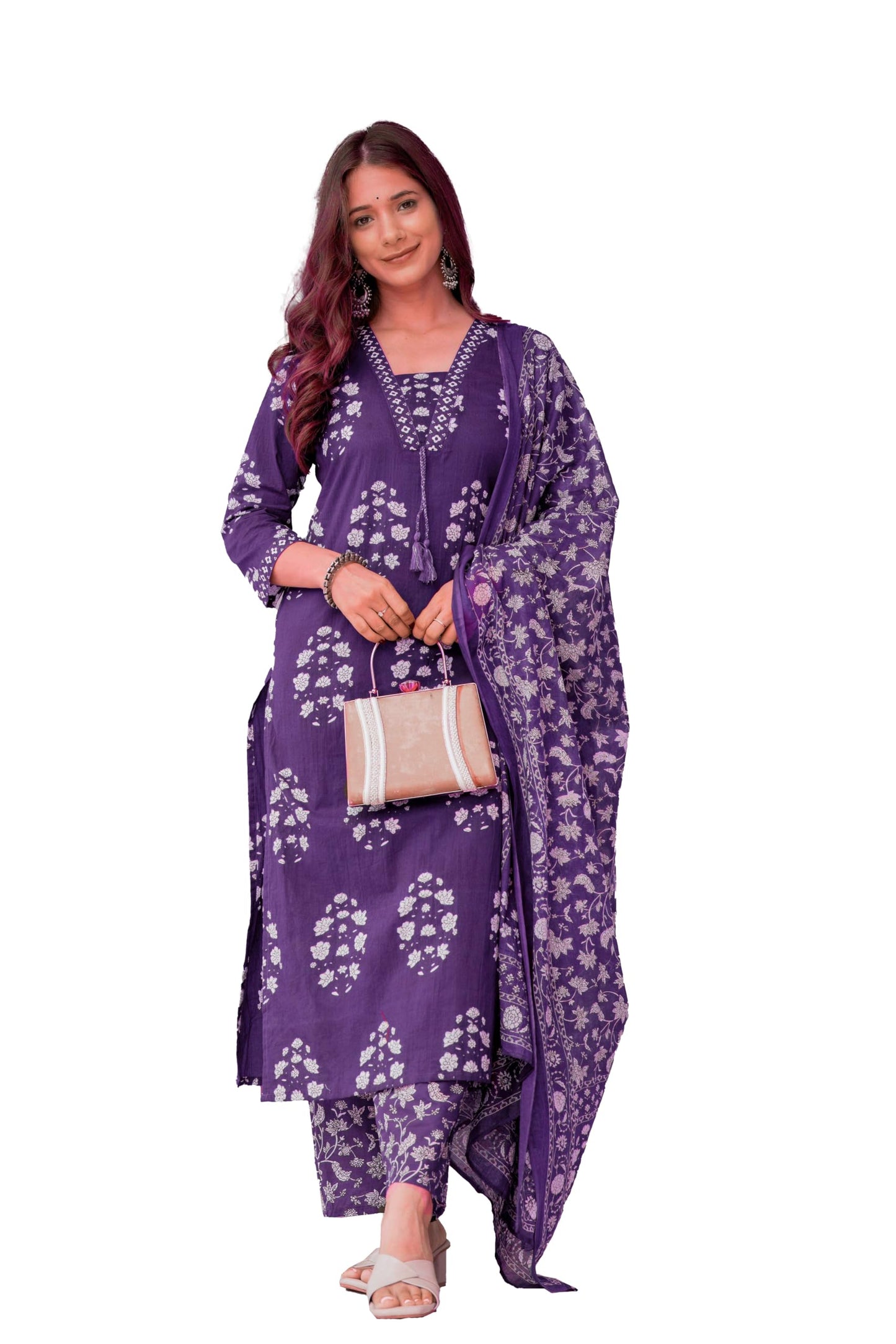 PARTHVI Women's Pure Cotton Printed Straight Kurta Set with Palazzo Pants & Dupatta- Ethnic Wear, Green