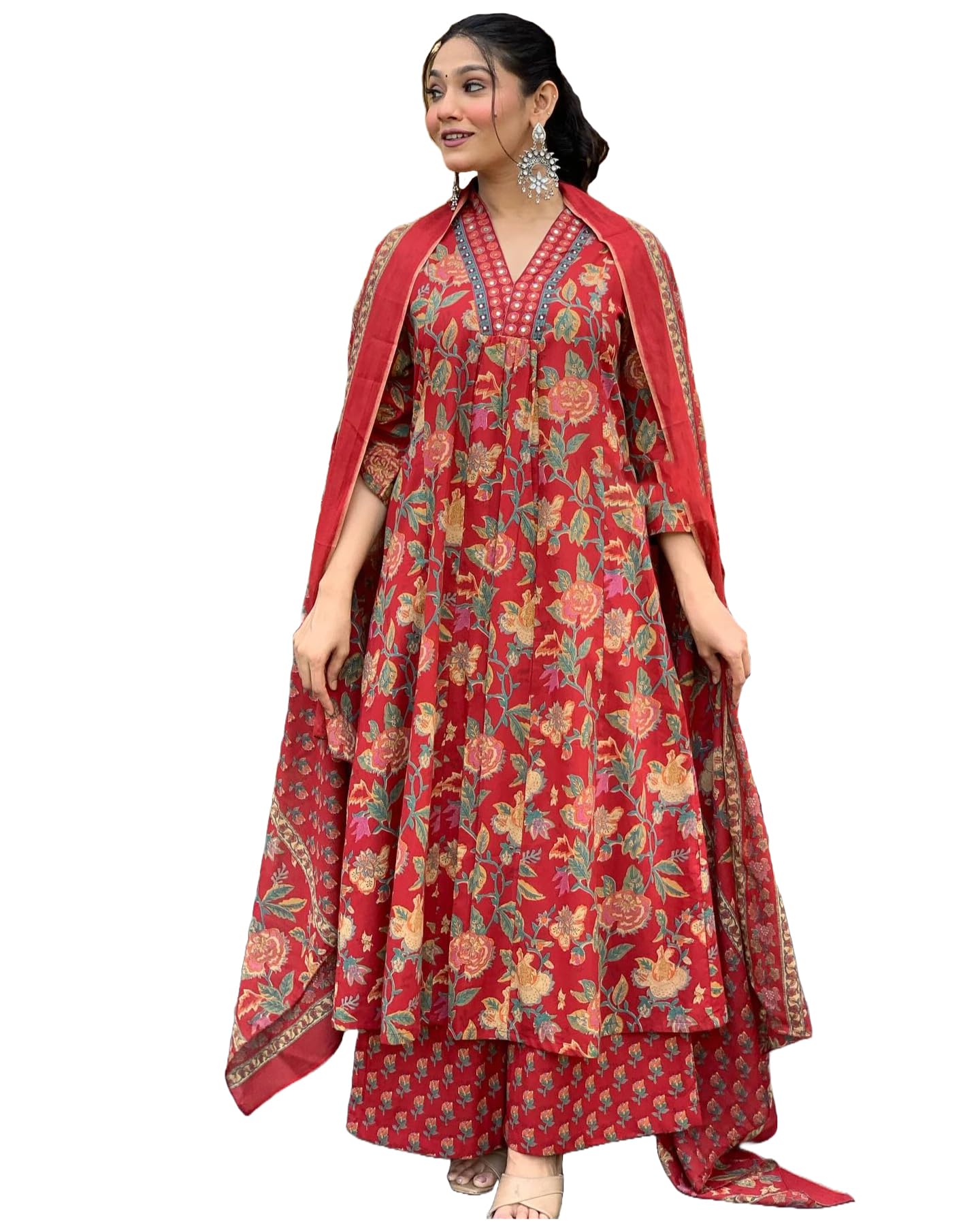 GoSriKi Women's Rayon Viscose Anarkali Printed Kurta with Palazzo & Dupatta