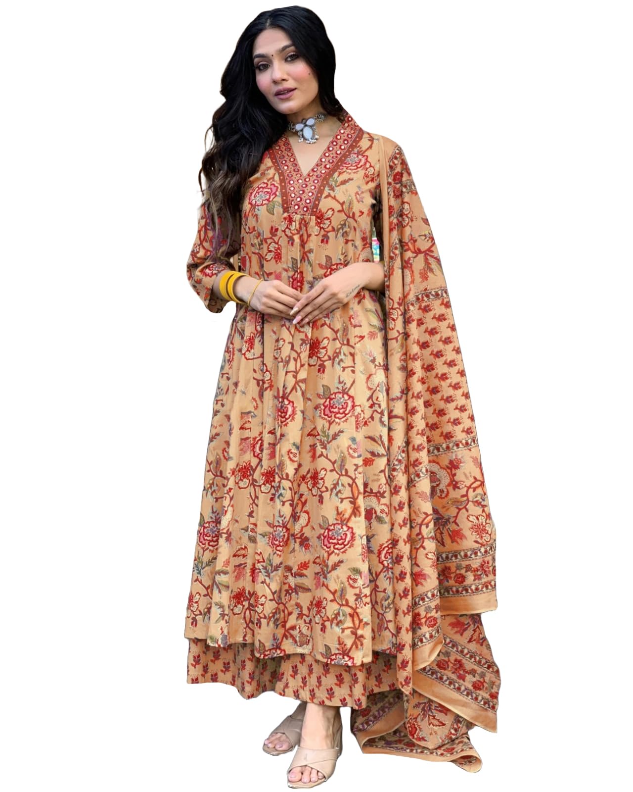 GoSriKi Women's Rayon Viscose Anarkali Printed Kurta with Palazzo & Dupatta