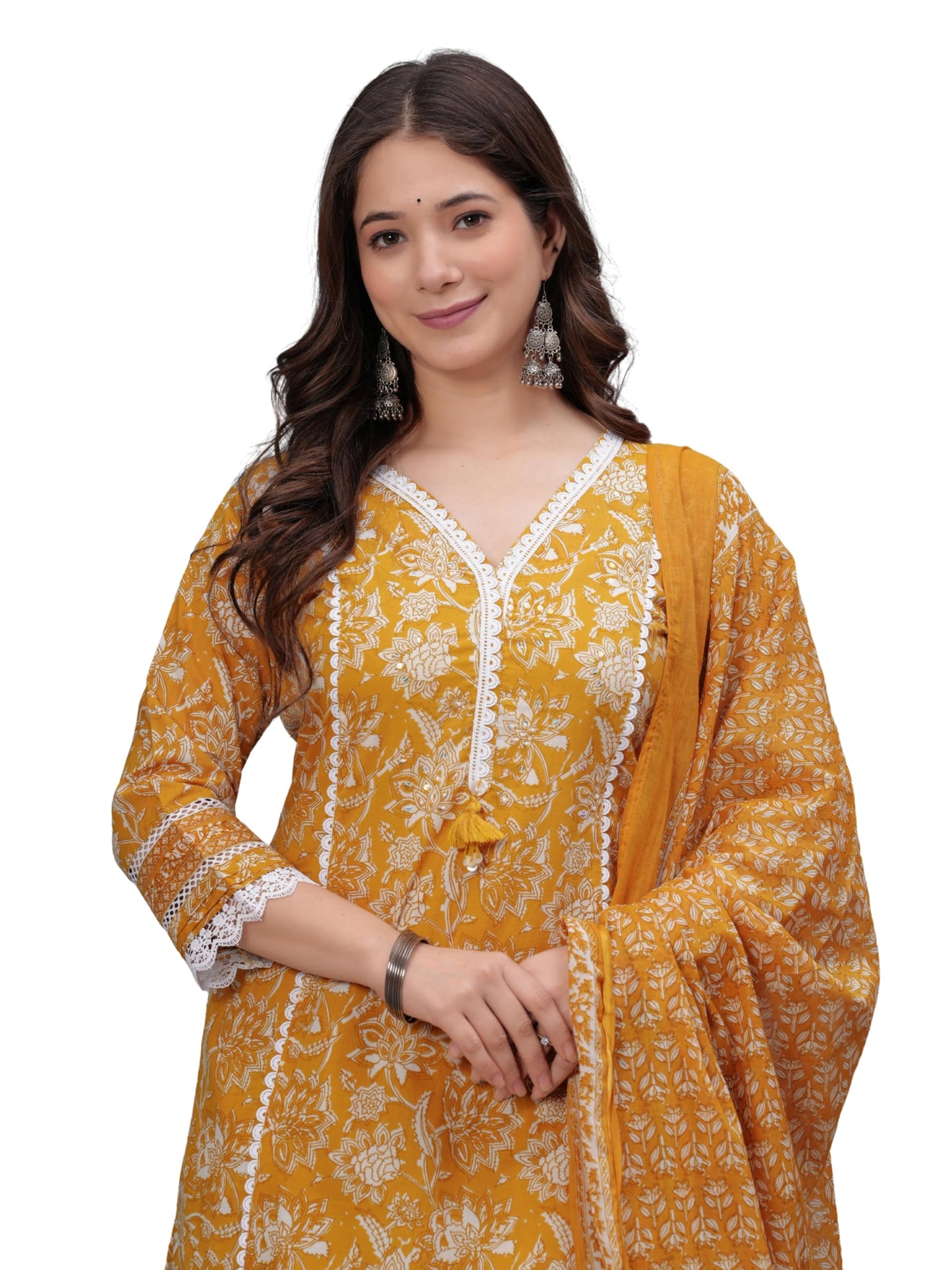 Amayra Women's Pure Cotton Printed Straight Kurta Set with Palazzo Pants & Dupatta- Ethnic Wear