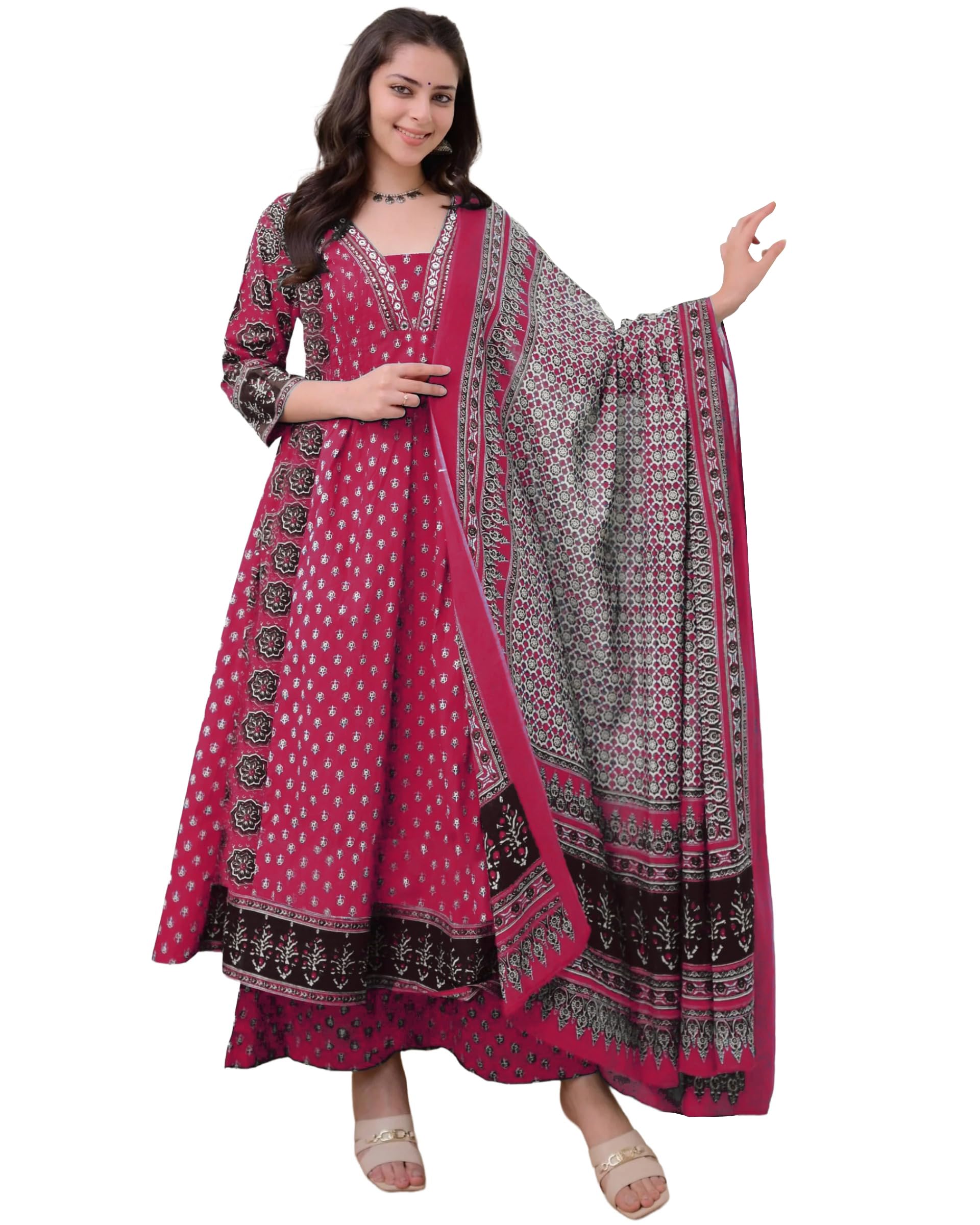 ANNI DESIGNER Women's Anarkali Kurta Set with Dupatta | Pure Cotton Suit Set for Women | Ajrakh Print Kurta Palazzo Dupatta Set | 3 Piece Ethnic Wear for Festival & Party