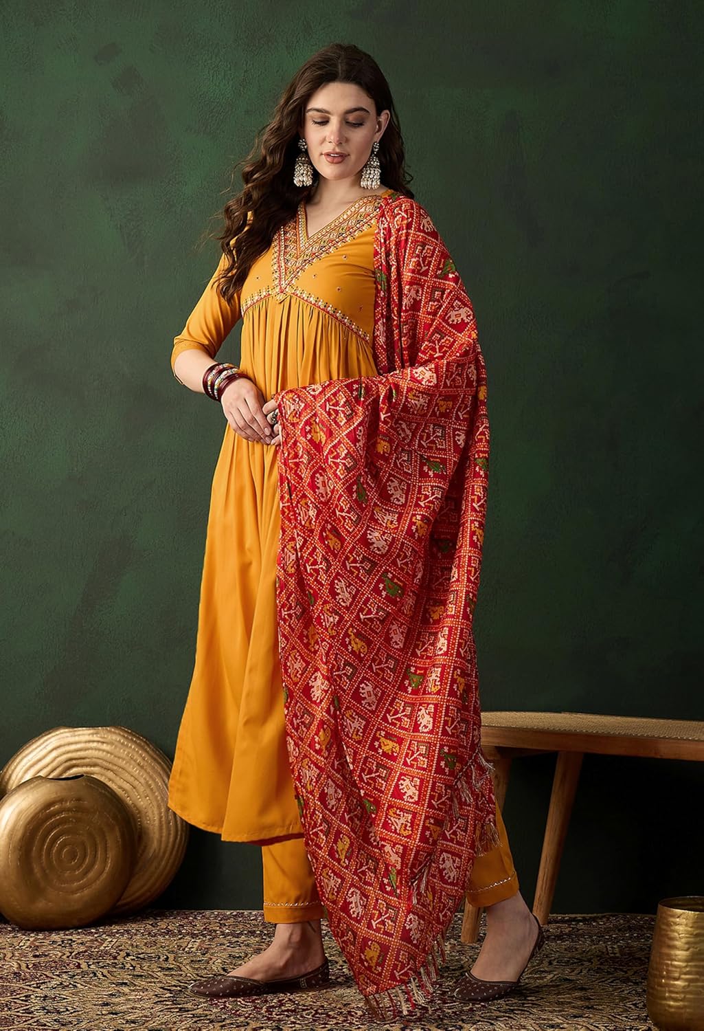 SheWill Women's Mustard American Crepe Zari Sequence Embroidered Alia Cut Kurta with Pant and Dupatta