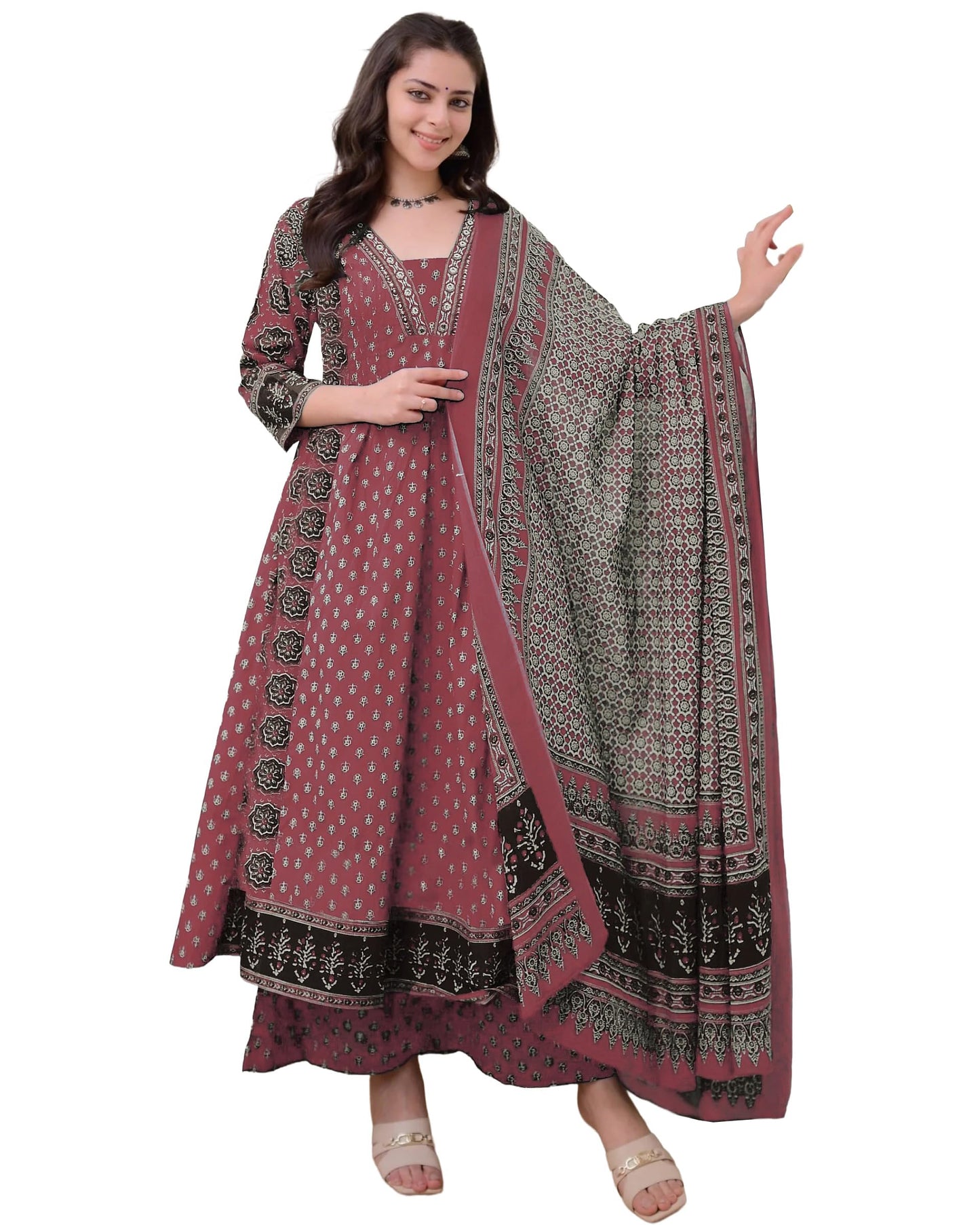 ANNI DESIGNER Women's Anarkali Kurta Set with Dupatta | Pure Cotton Suit Set for Women | Ajrakh Print Kurta Palazzo Dupatta Set | 3 Piece Ethnic Wear for Festival & Party