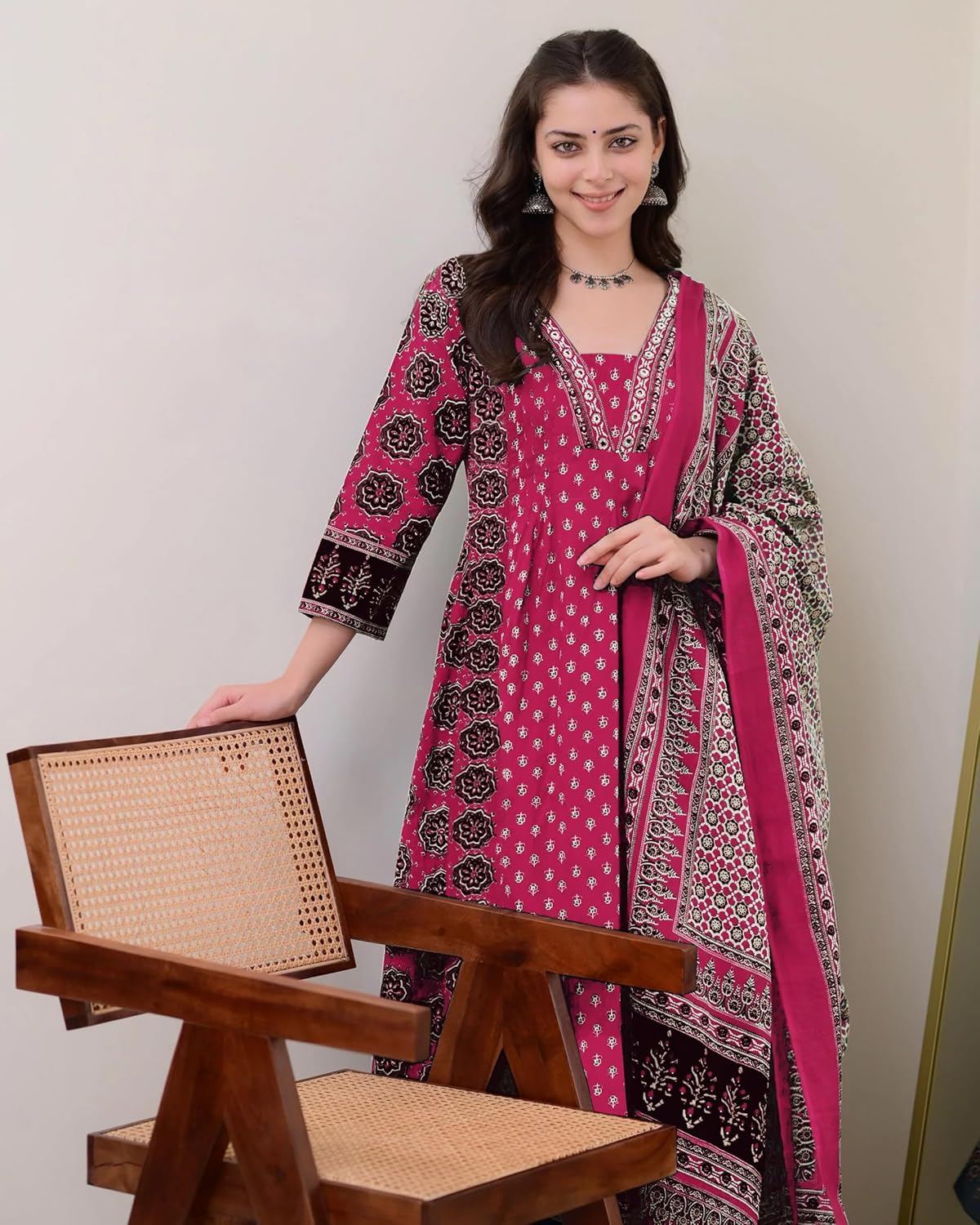 ANNI DESIGNER Women's Anarkali Kurta Set with Dupatta | Pure Cotton Suit Set for Women | Ajrakh Print Kurta Palazzo Dupatta Set | 3 Piece Ethnic Wear for Festival & Party