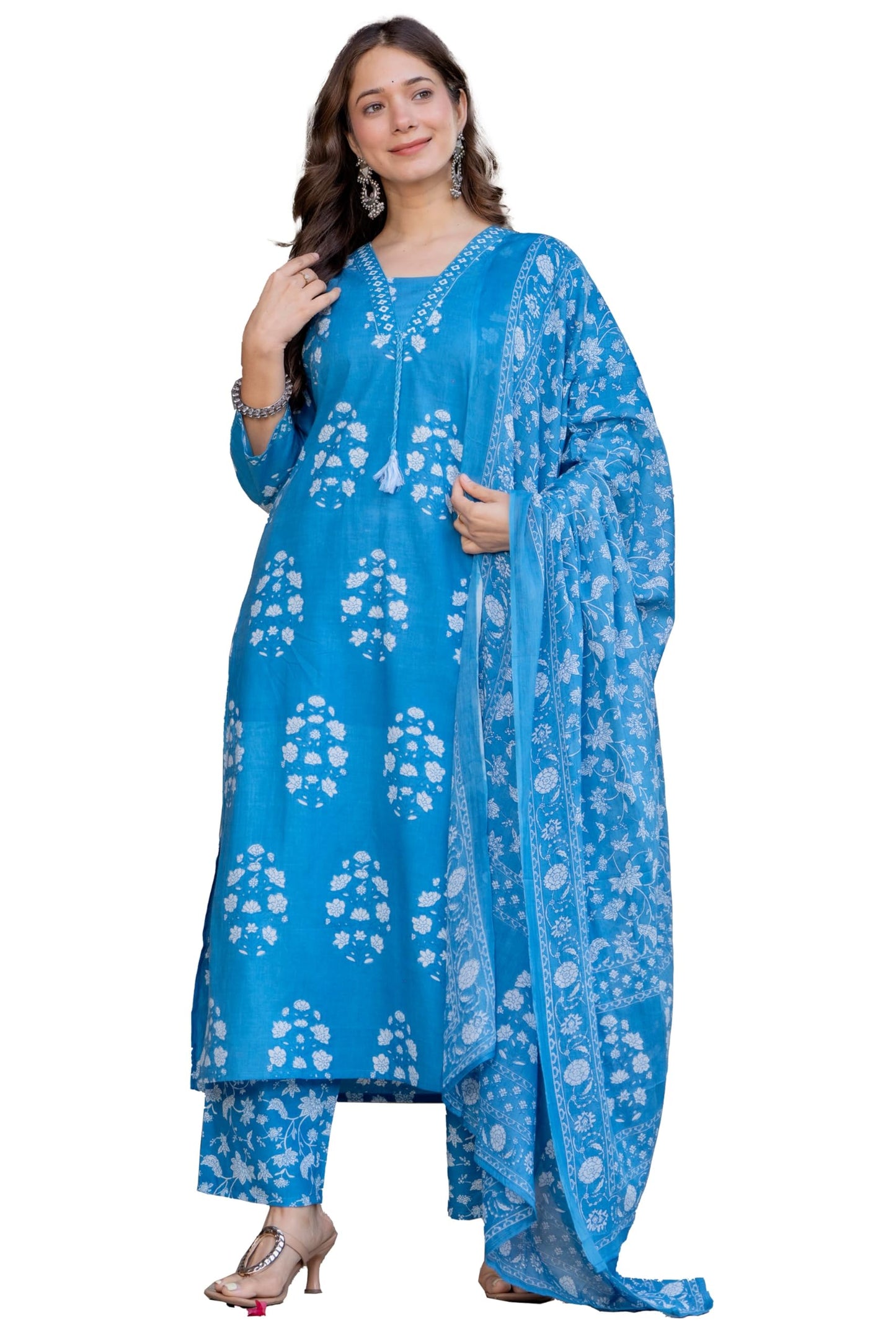 PARTHVI Women's Pure Cotton Printed Straight Kurta Set with Palazzo Pants & Dupatta- Ethnic Wear, Green