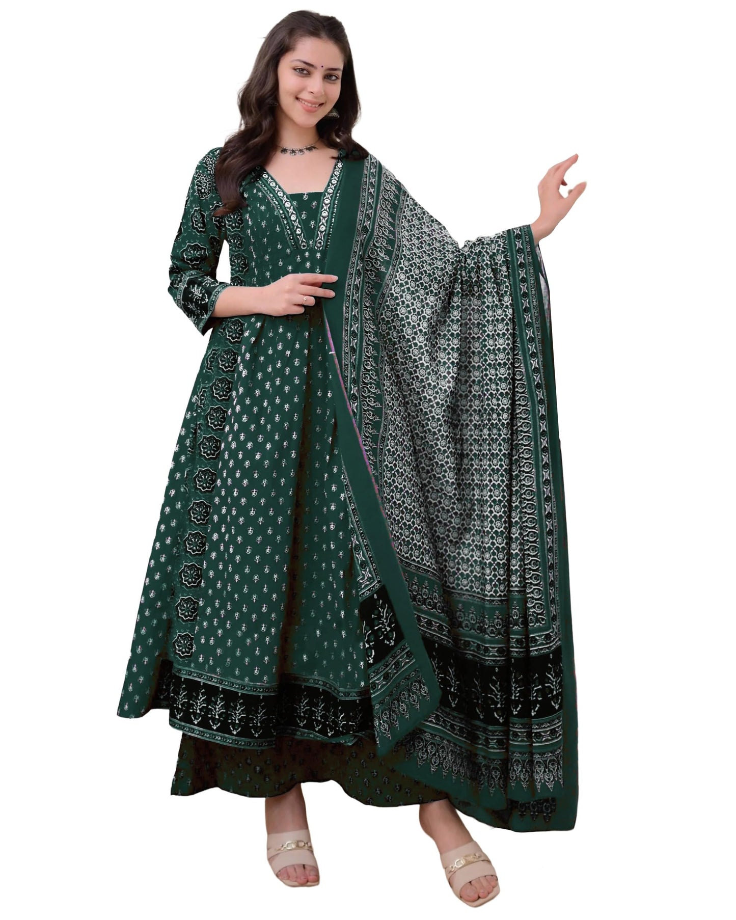 ANNI DESIGNER Women's Anarkali Kurta Set with Dupatta | Pure Cotton Suit Set for Women | Ajrakh Print Kurta Palazzo Dupatta Set | 3 Piece Ethnic Wear for Festival & Party