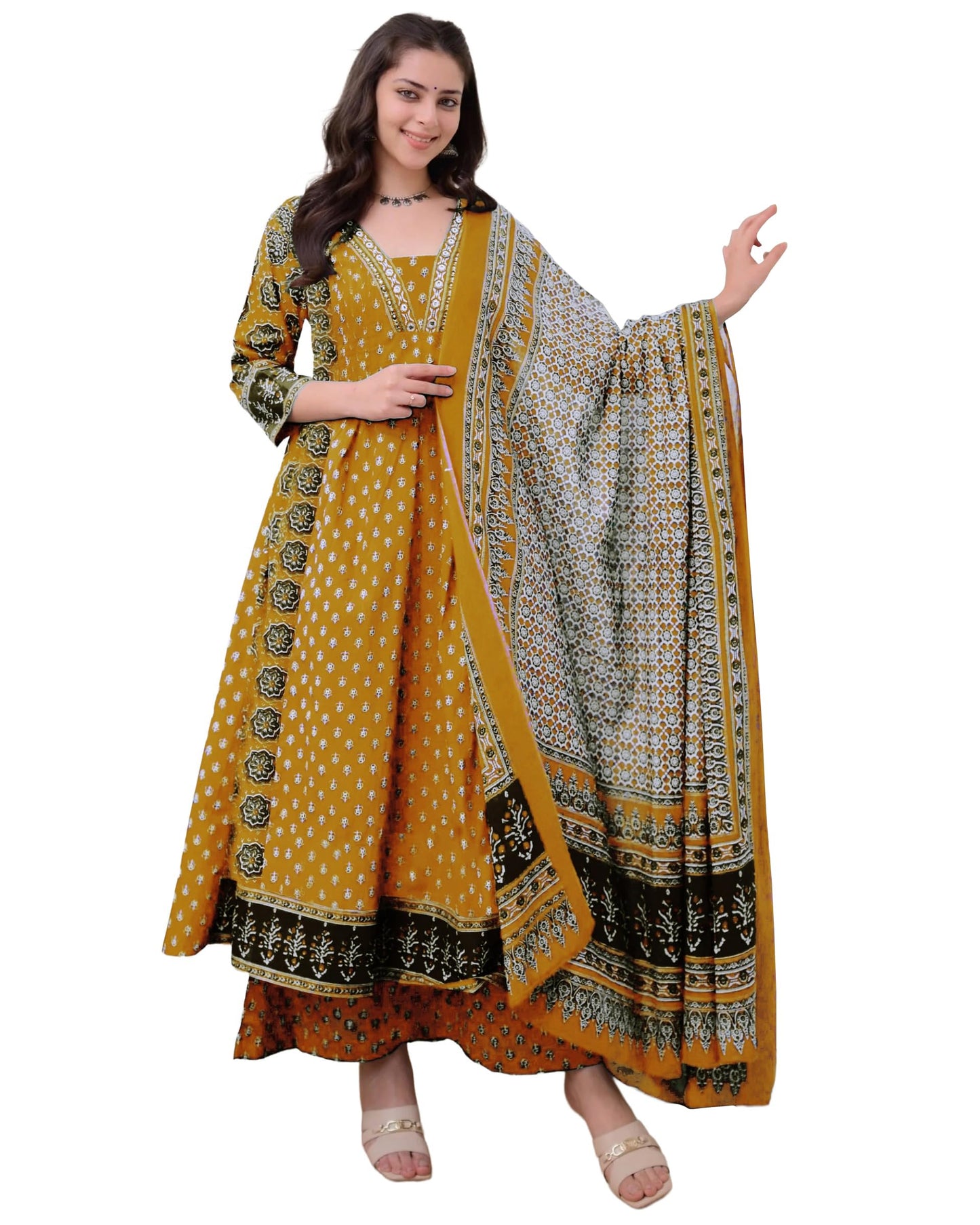 ANNI DESIGNER Women's Anarkali Kurta Set with Dupatta | Pure Cotton Suit Set for Women | Ajrakh Print Kurta Palazzo Dupatta Set | 3 Piece Ethnic Wear for Festival & Party