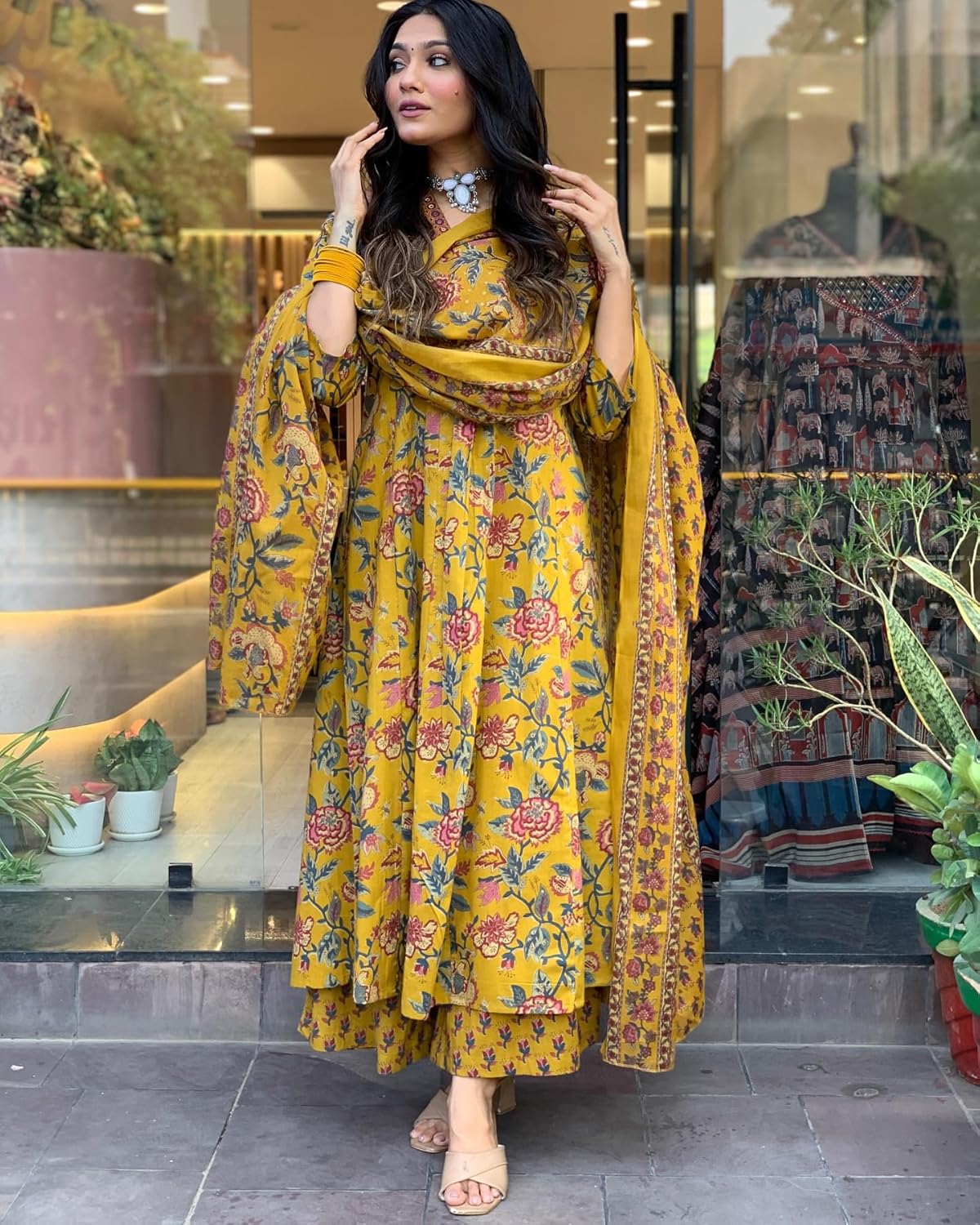 GoSriKi Women's Rayon Viscose Anarkali Printed Kurta with Palazzo & Dupatta