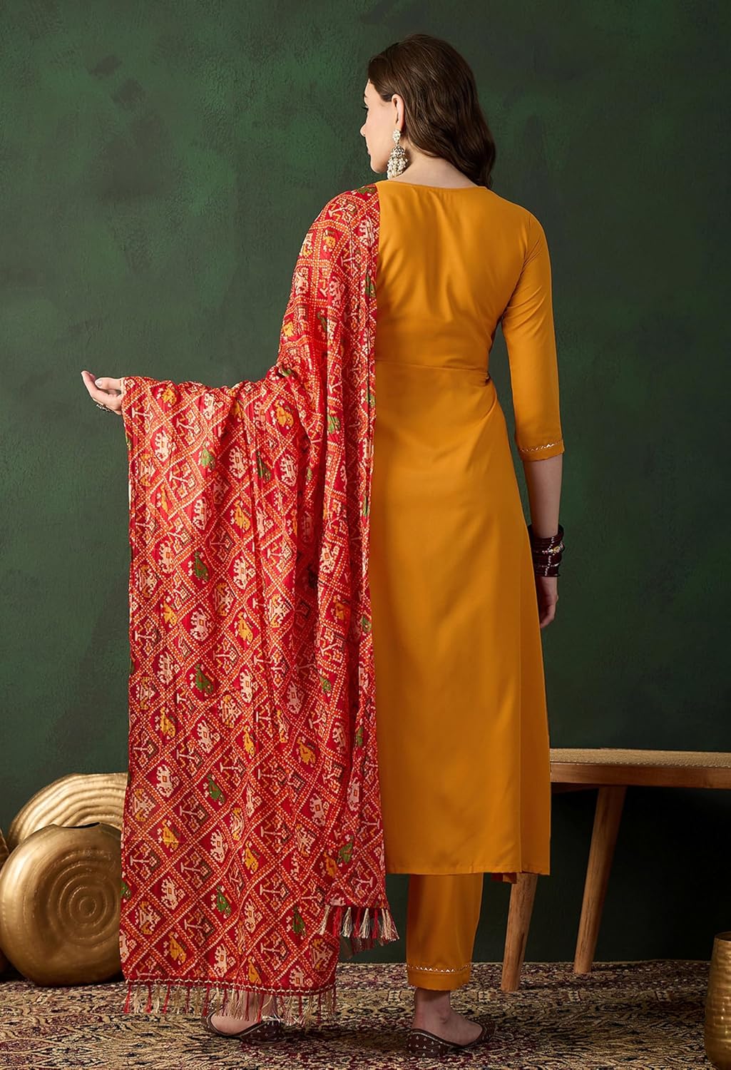 SheWill Women's Mustard American Crepe Zari Sequence Embroidered Alia Cut Kurta with Pant and Dupatta