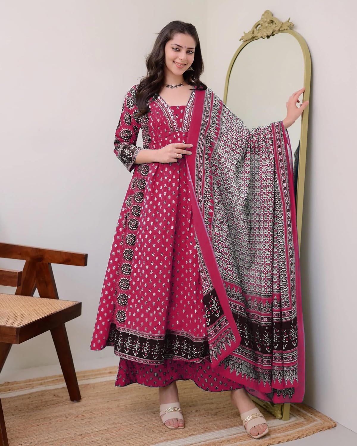 ANNI DESIGNER Women's Anarkali Kurta Set with Dupatta | Pure Cotton Suit Set for Women | Ajrakh Print Kurta Palazzo Dupatta Set | 3 Piece Ethnic Wear for Festival & Party