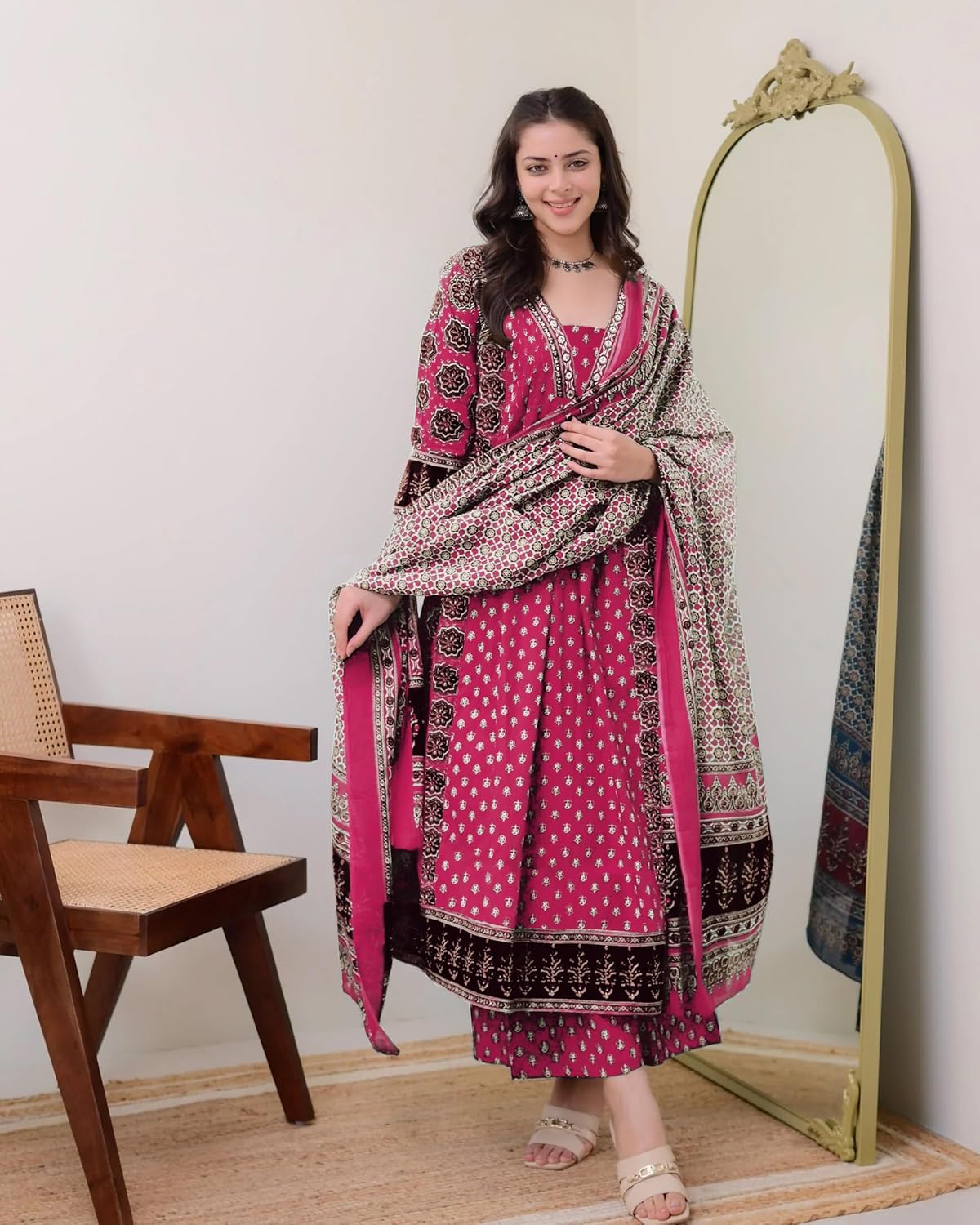 ANNI DESIGNER Women's Anarkali Kurta Set with Dupatta | Pure Cotton Suit Set for Women | Ajrakh Print Kurta Palazzo Dupatta Set | 3 Piece Ethnic Wear for Festival & Party