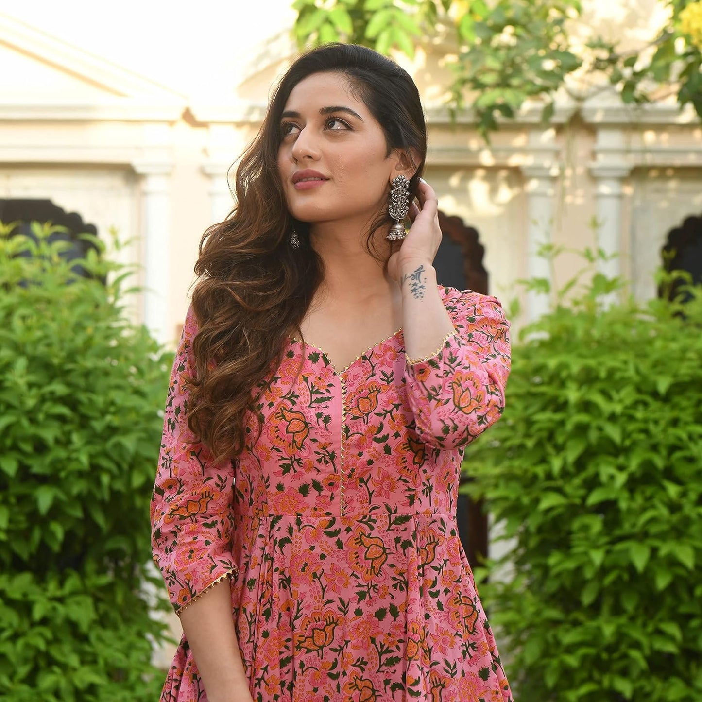 Arayna Women's Cotton Printed Anarkali Kurti with Palazzo Pants Set, Floral